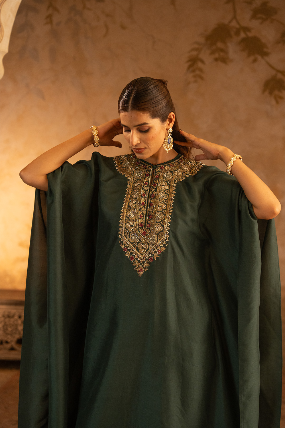 Bottle Green Silk Kaftan Dress