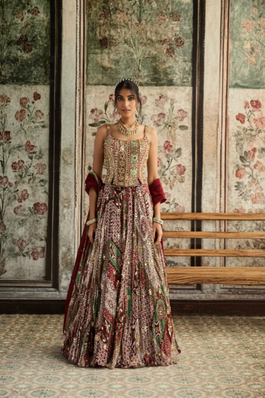 SAGE-MAROON PRINT AND HIGHLIGHTED CORSET BLOUSE LEHENGA SET