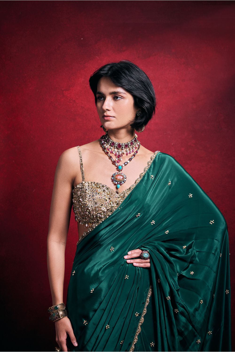 EMERALD GREEN CREPE SAREE SET
