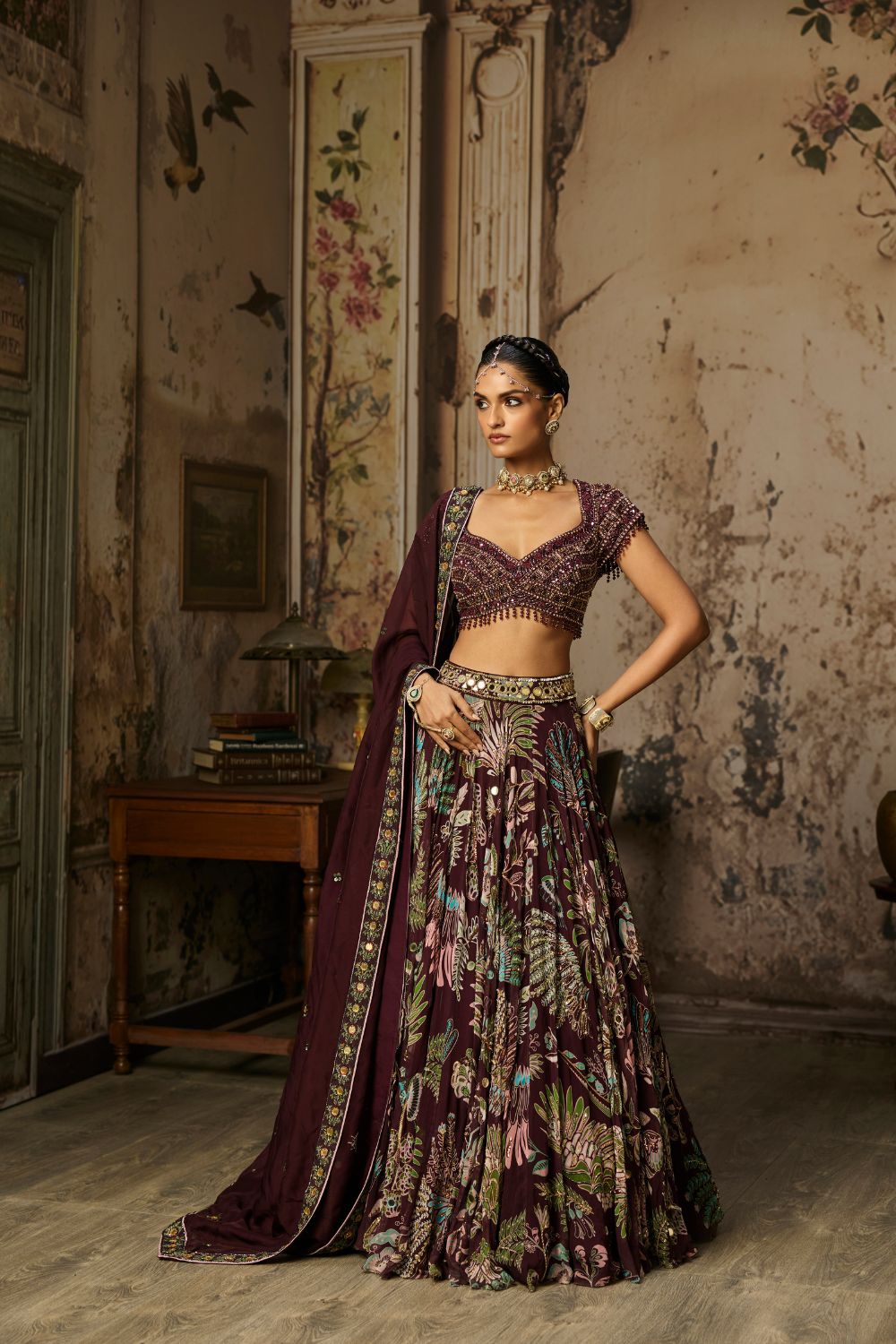 PLUM EMBROIDERED BLOUSE WITH PRINTED LEHENGA SET