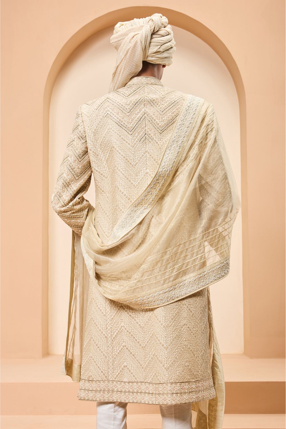 Ivory gold sherwani detailing with zardozi,pearl,sequins and thread work