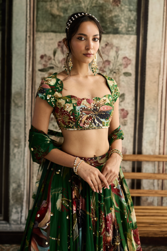 GREEN FLORAL PRINT AND HIGHLIGHTED LEHENGA SET