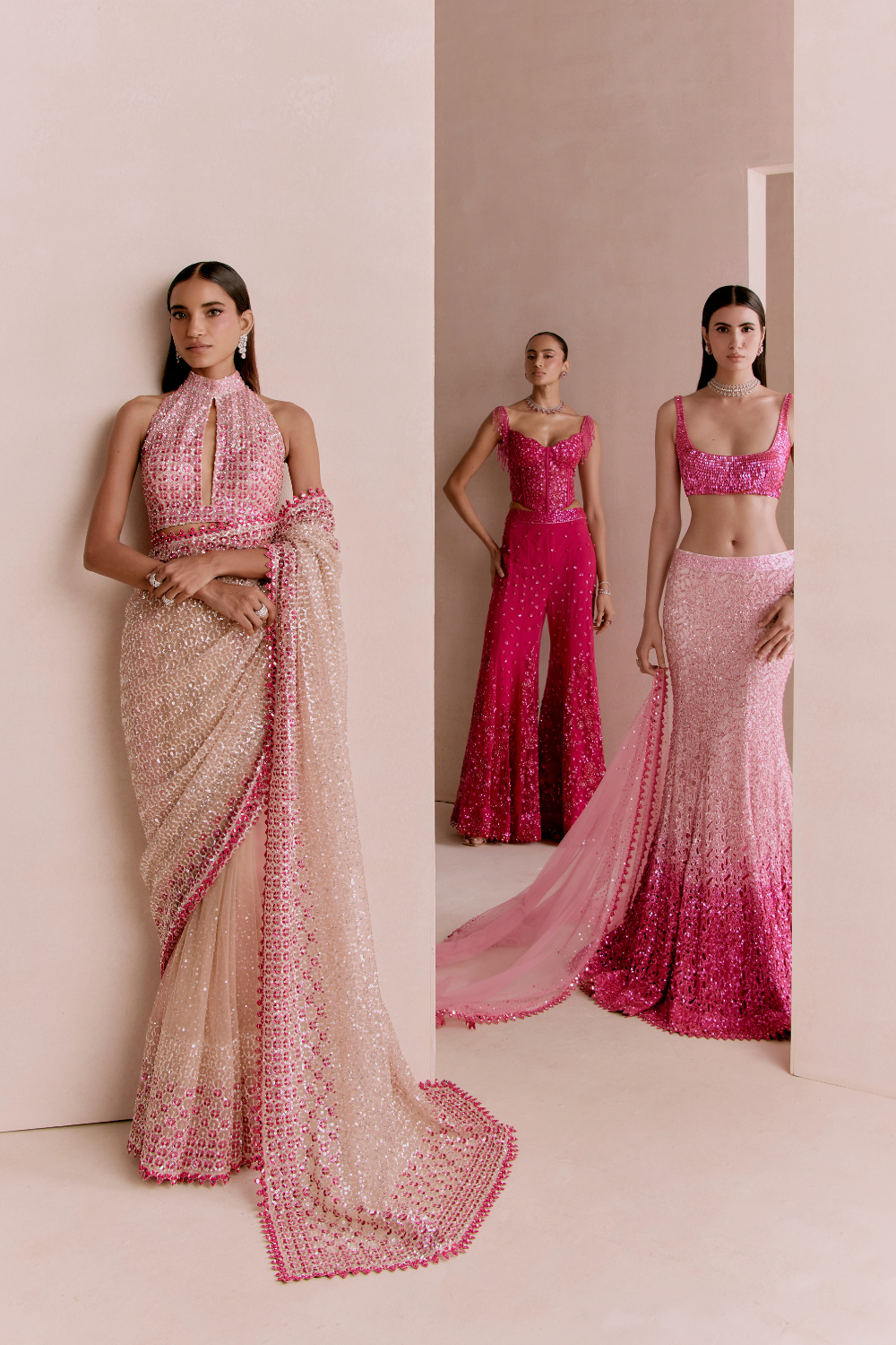 Nude and Pink Sequin Saree