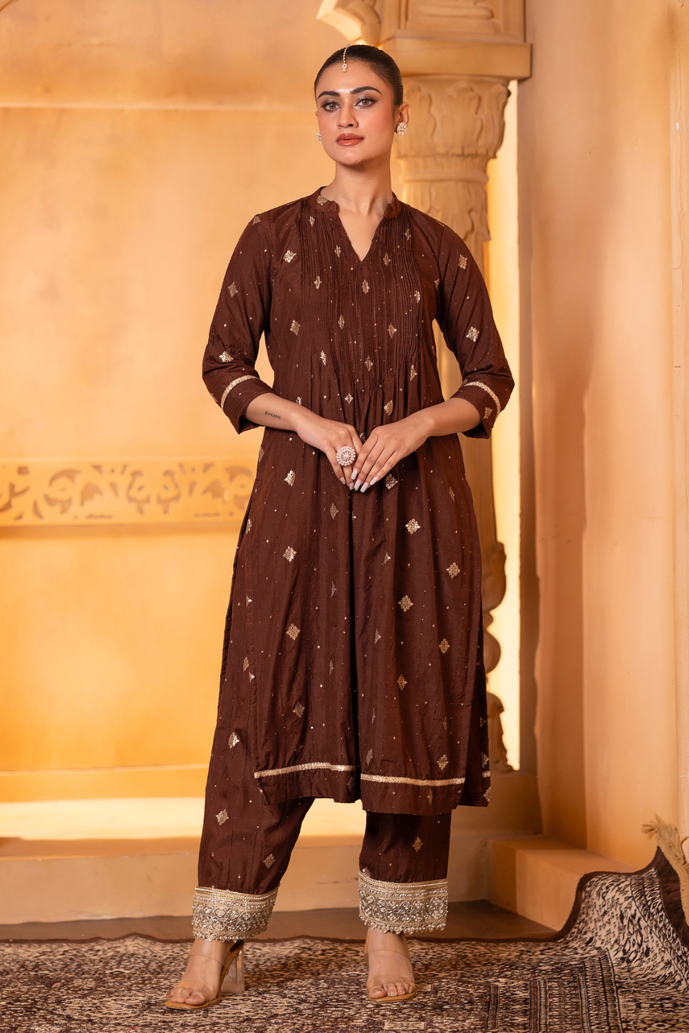 Brown Pintuck Kurta Set