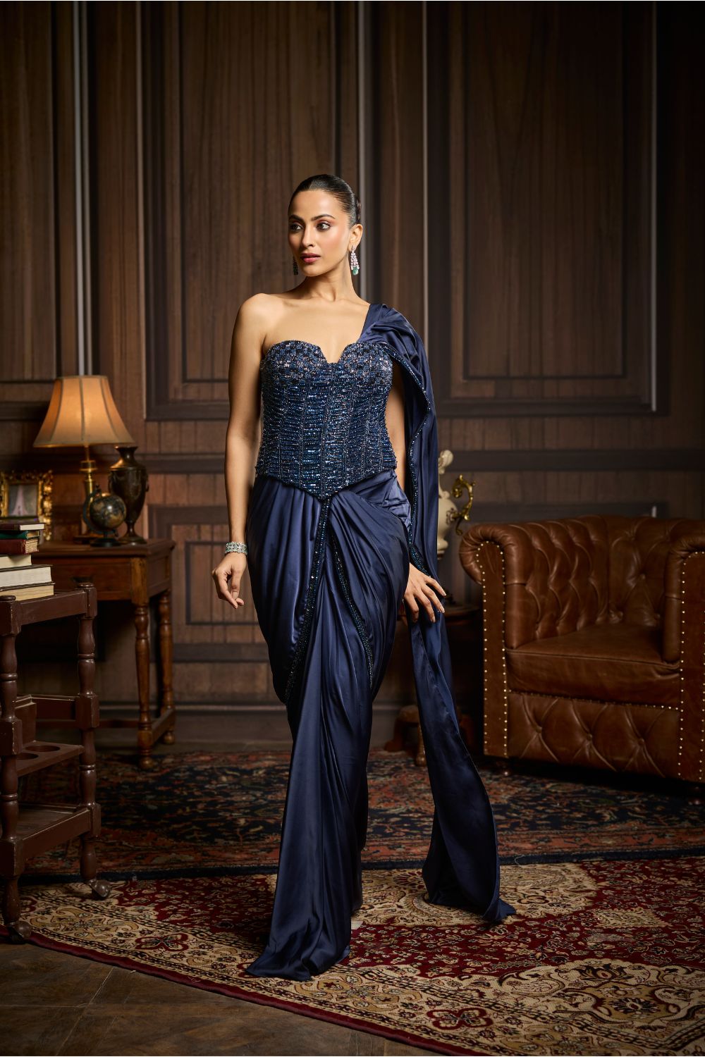 MIDNIGHT BLUE EMBELLISHED CORSET AND SOLID DRAPED DHOTI SAREE SET