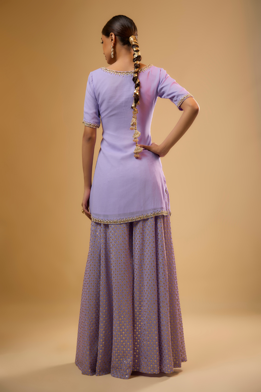 Lavender georgette kurta sharara set with gold mirrors and sequins embroidery