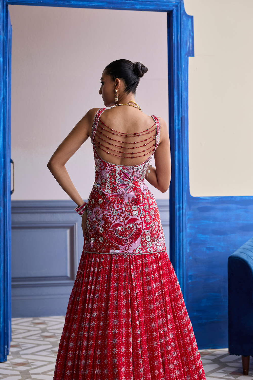 Red Floral Slit Kurti with Lehenga Set