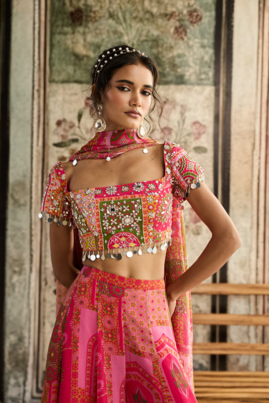 YELLOW-FUSCHIA PRINT AND HIGHLIGHTED SHARARA SET