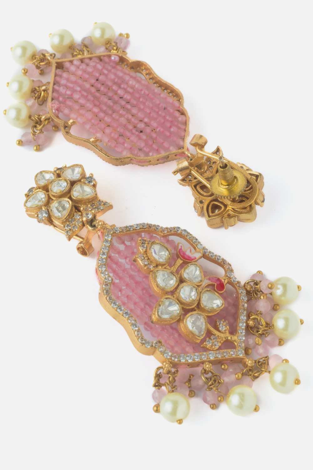 Moissanite Polki Pink Peacock Beaded Statement Necklace Set