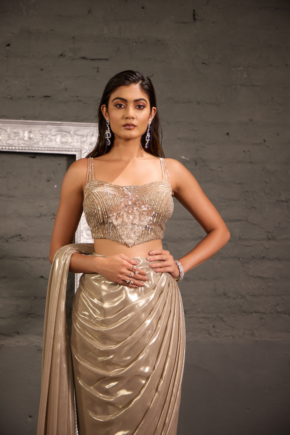 Champagnee Hand Embroidered Blouse With Drape Saree