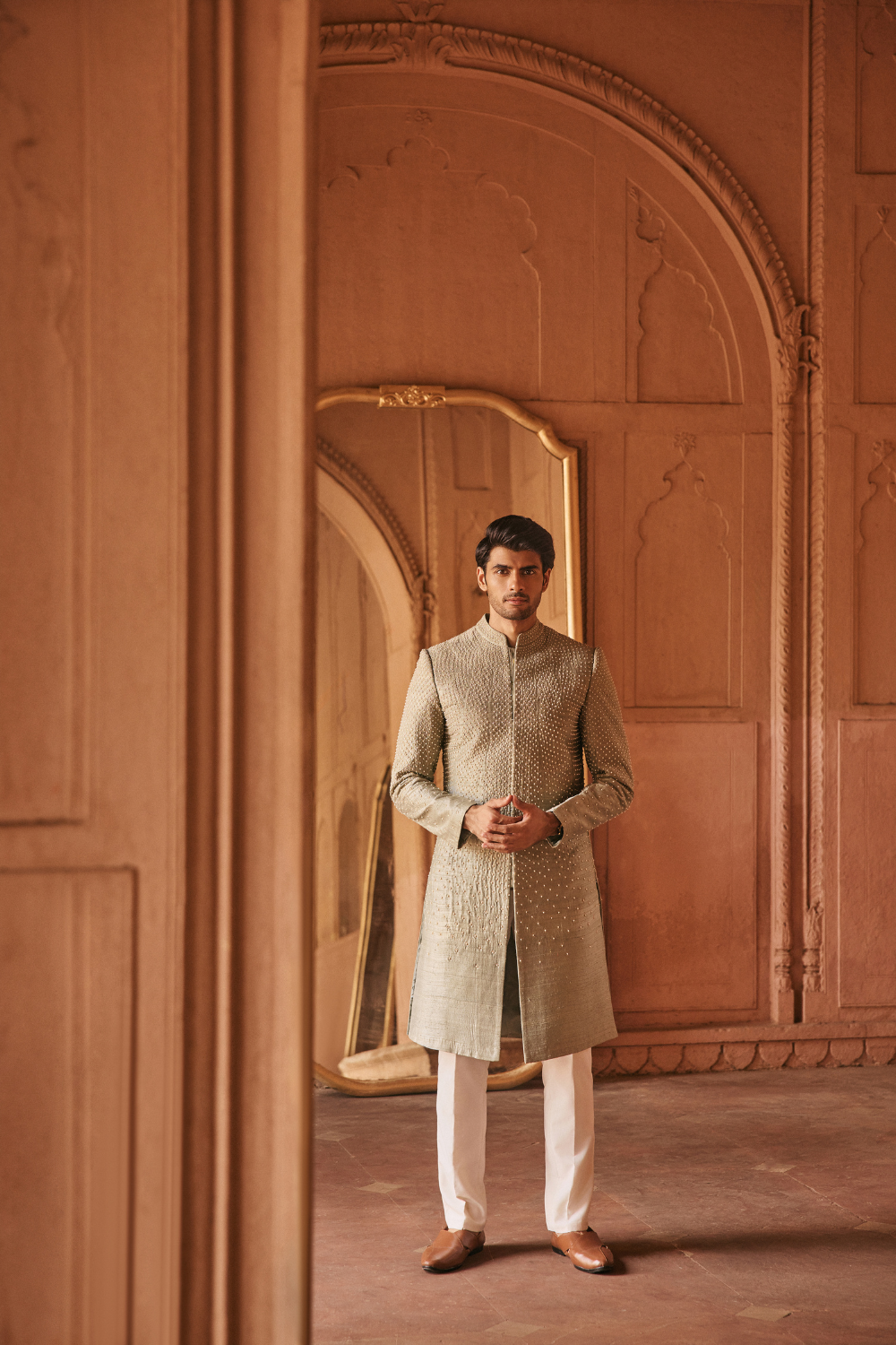 Sage green, raw silk, zari, sherwani ensemble