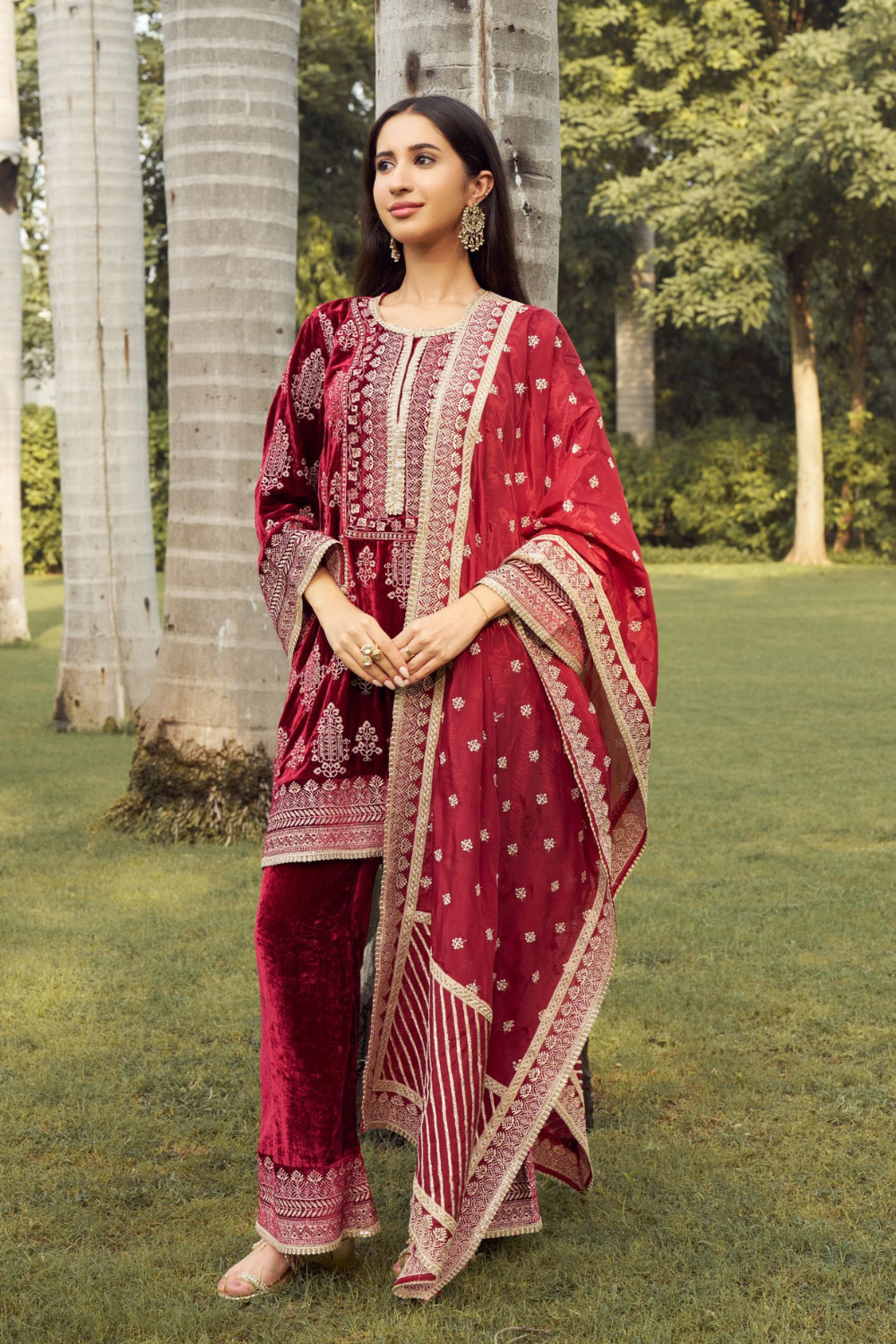 Velvet Sargam Wine Kurta Set With Viscose Glass OrganzaWine Sargam Dupatta