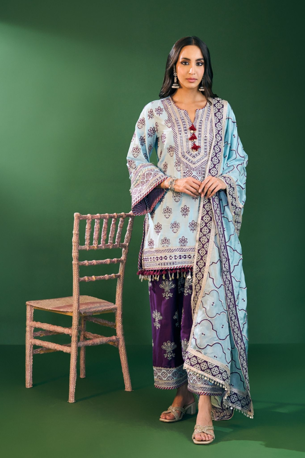 Lani Pima Satin Sky Blue Kurta with Farshi Salwar