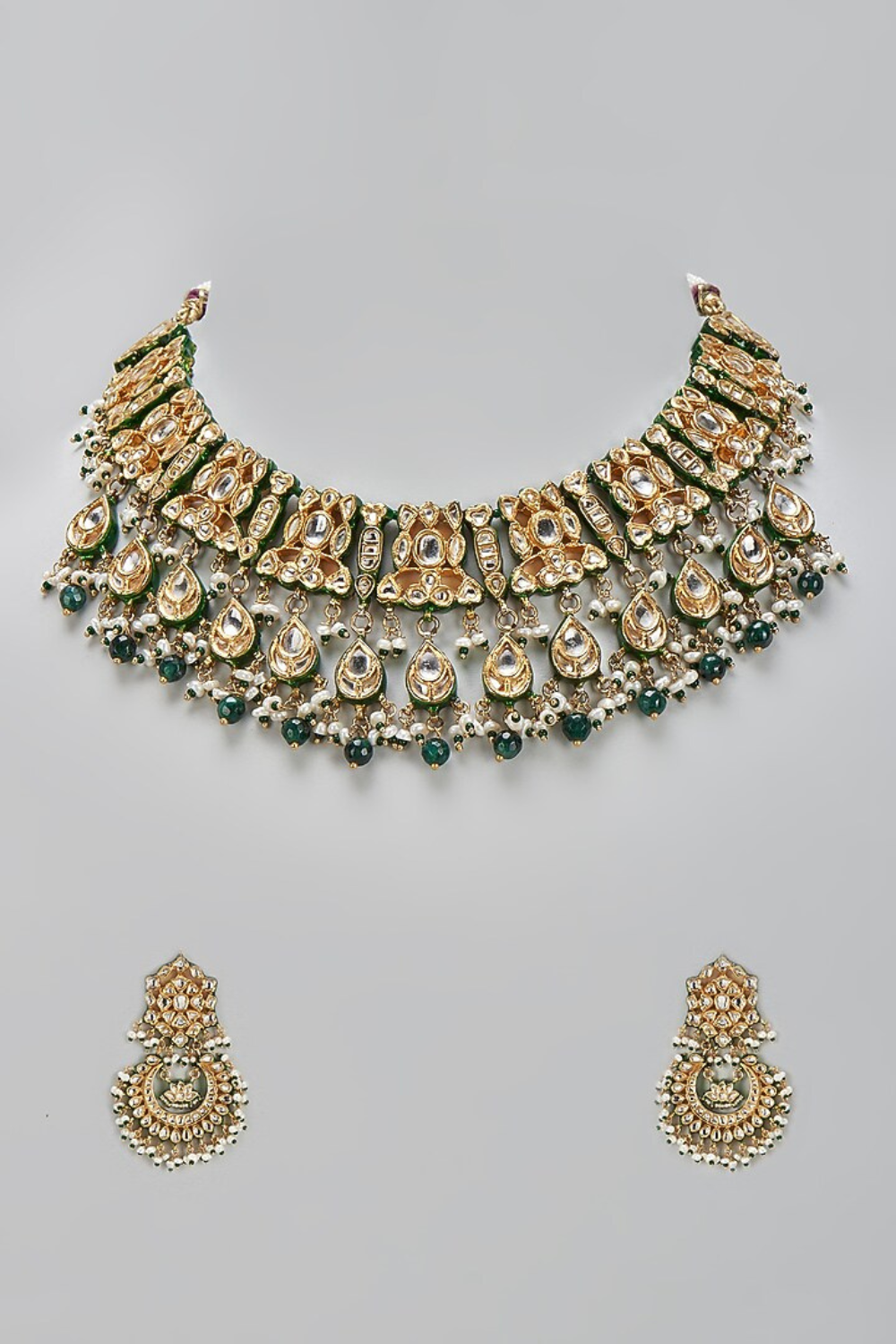 Emerald Green Jaipuri Kundan Pearl Bridal Choker Set with Statement Earrings