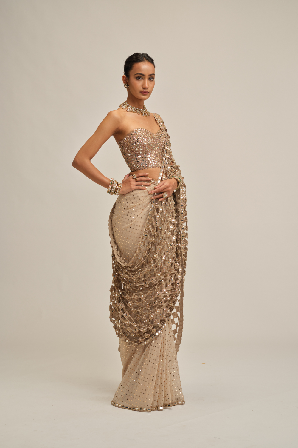 Light Beige Cutwork Pallu Saree with Corset Set