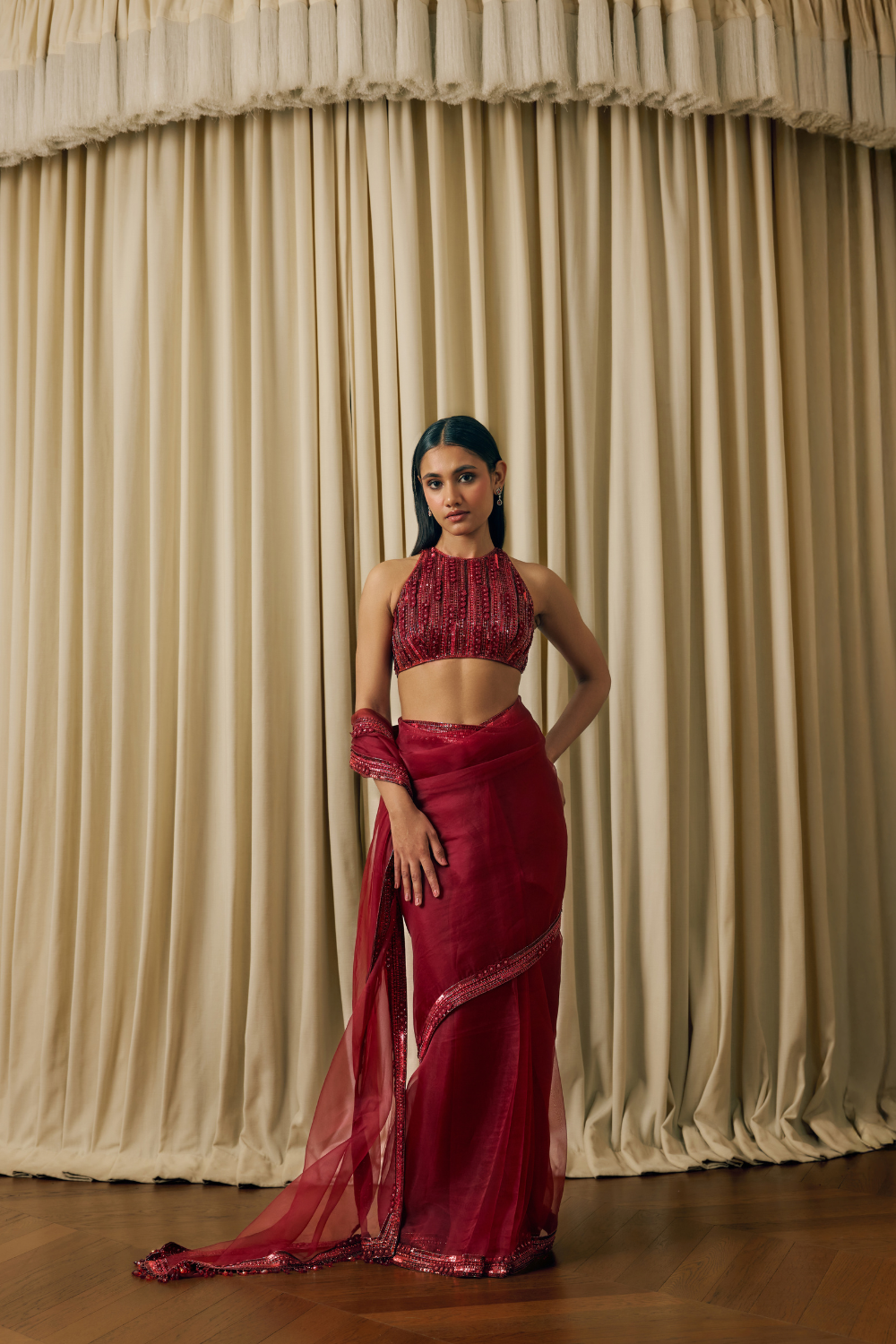 Hand embroidered border saree with blouse