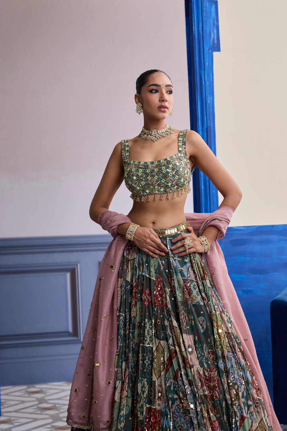 Green Mirror Embroidered Blouse with Forest Green Lehenga & Embroidered Dupatta Set