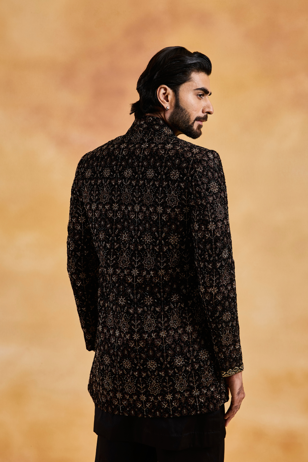 Black Velvet Overlap Jacket with Kurta and Trousers