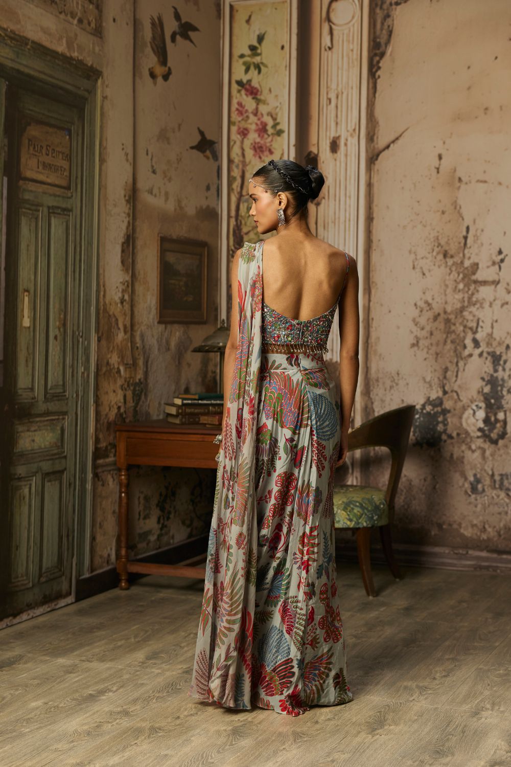 SLATE GREY PRINTED DRAPE ASYMMETRIC CROP TOP AND SKIRT SET