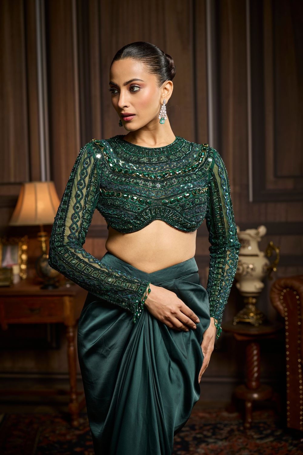 EMERALD GREEN EMBROIDERED BLOUSE AND DRAPED SKIRT SET