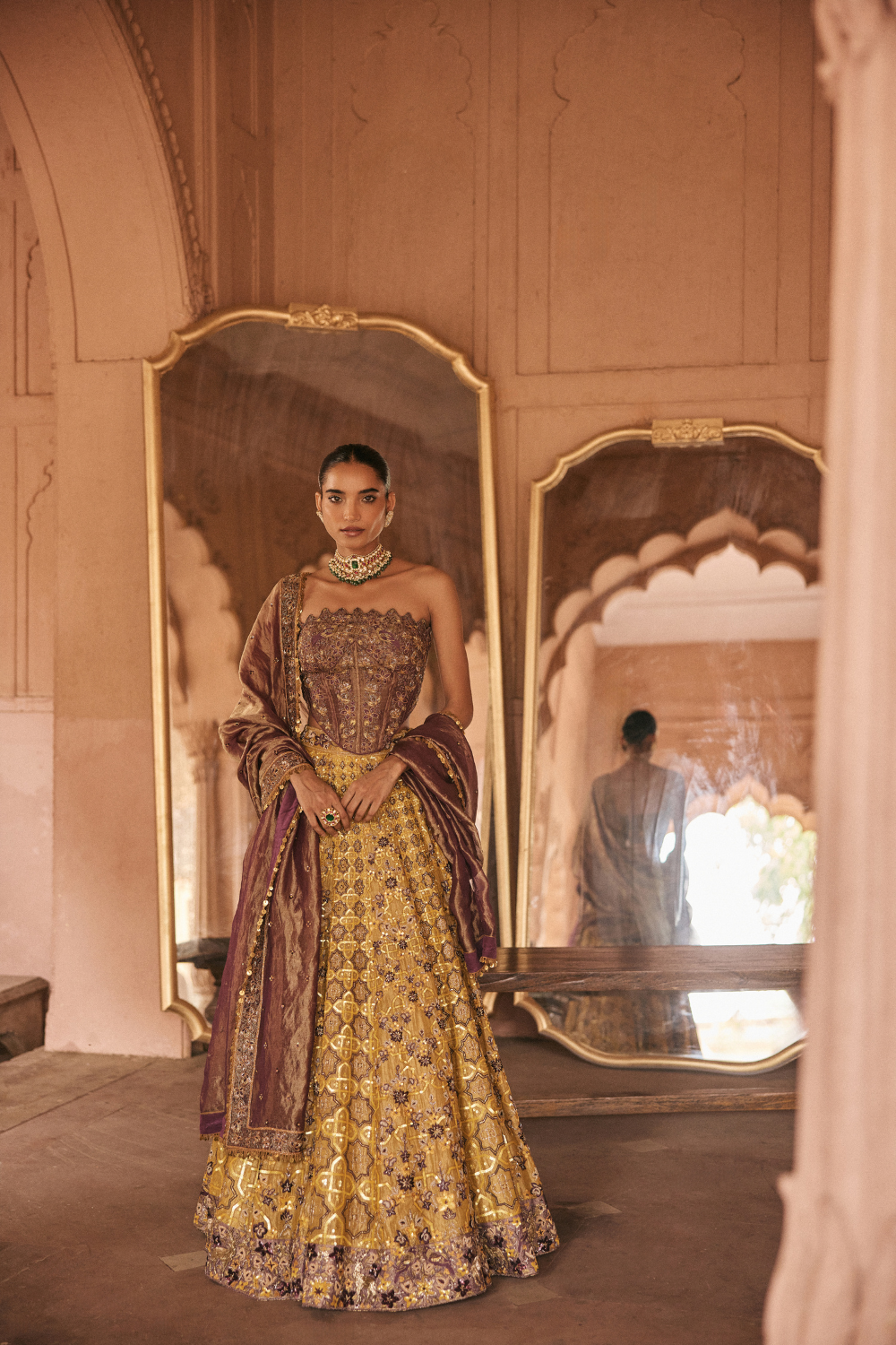 Yellow, Purple, hand embroidery, Dori, Tissue, Lehenga Set