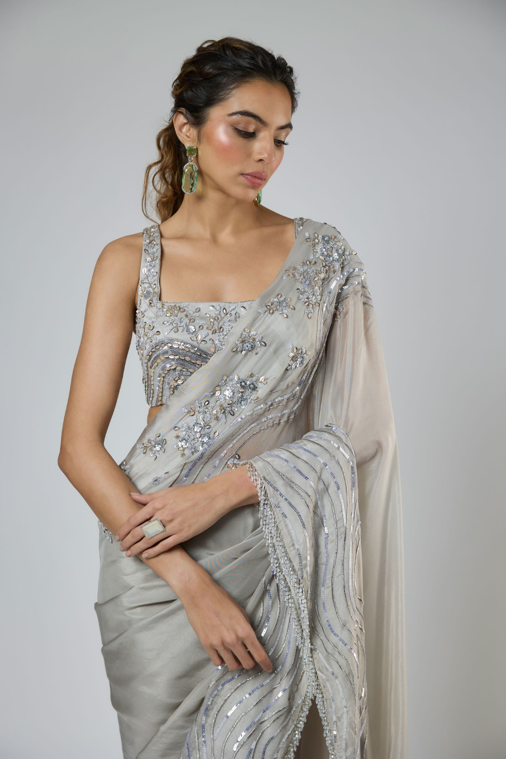 GREY HEAVY INTRICATE EMBROIDERED SAREE SET
