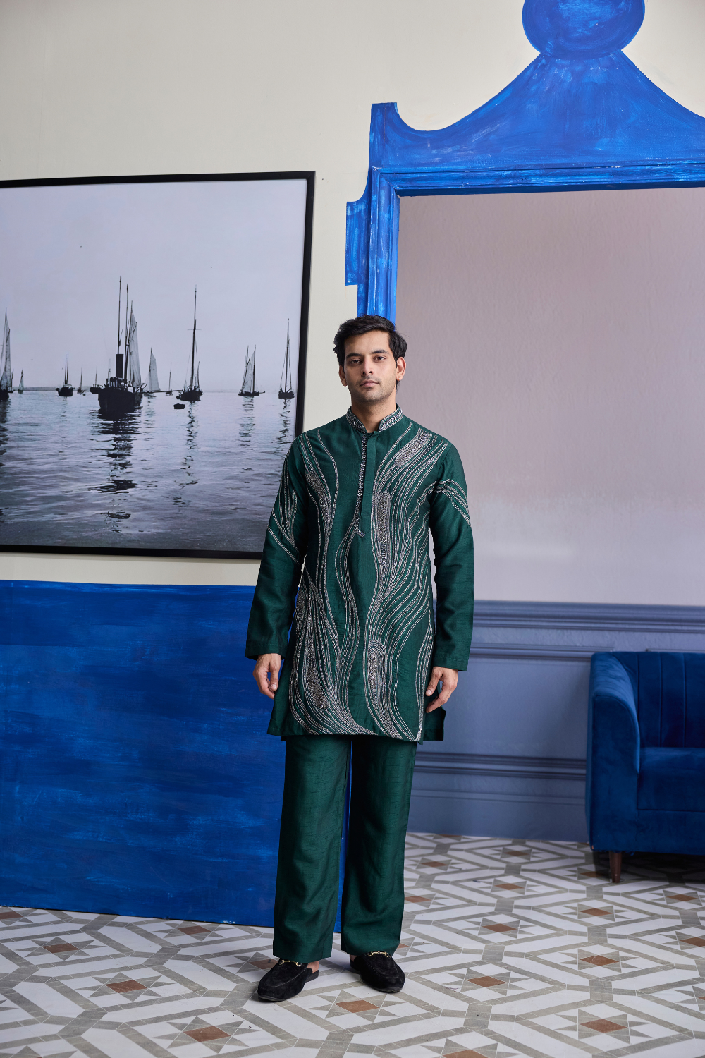 Dark Green Zari Embroidered Waves Kurta with Solid Pants