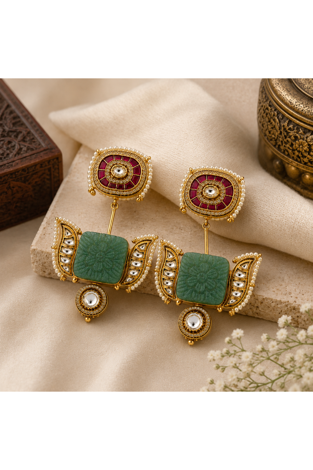 Sage Green Handmade Kundan Statement Earrings