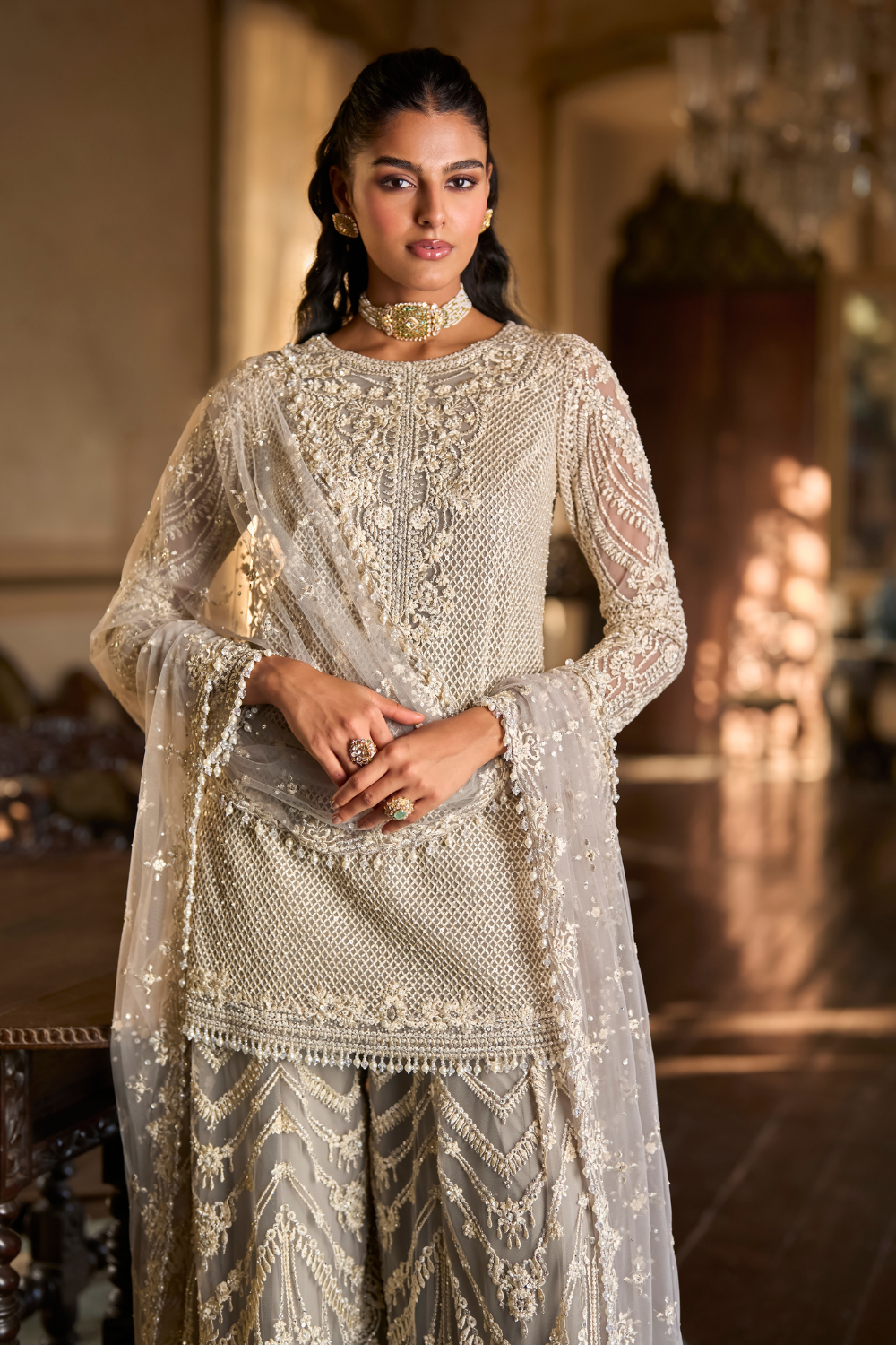 Grey Thread Work Sharara Set