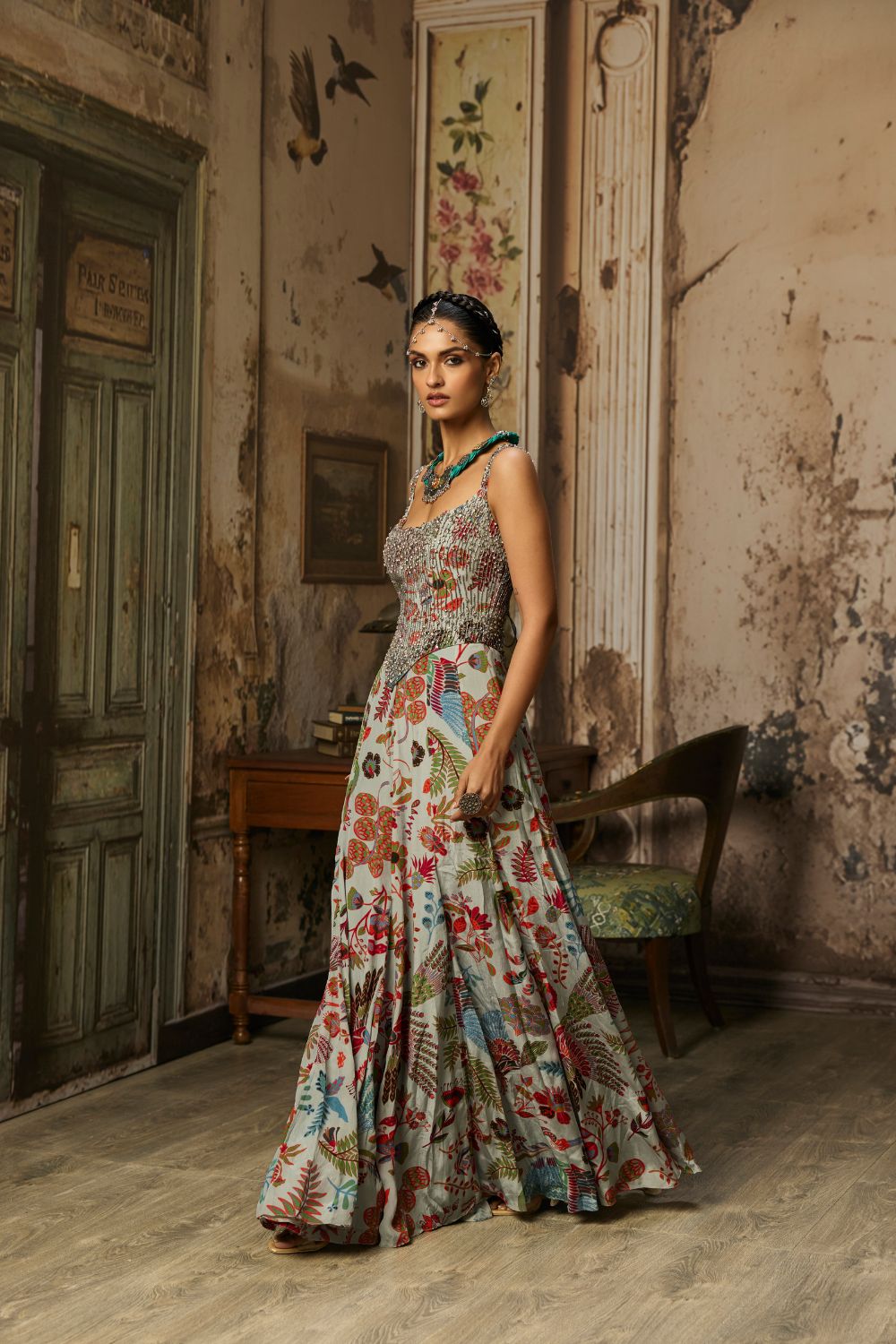 SLATE GREY PRINTED AND HIGHLIGHTED CORSET GOWN