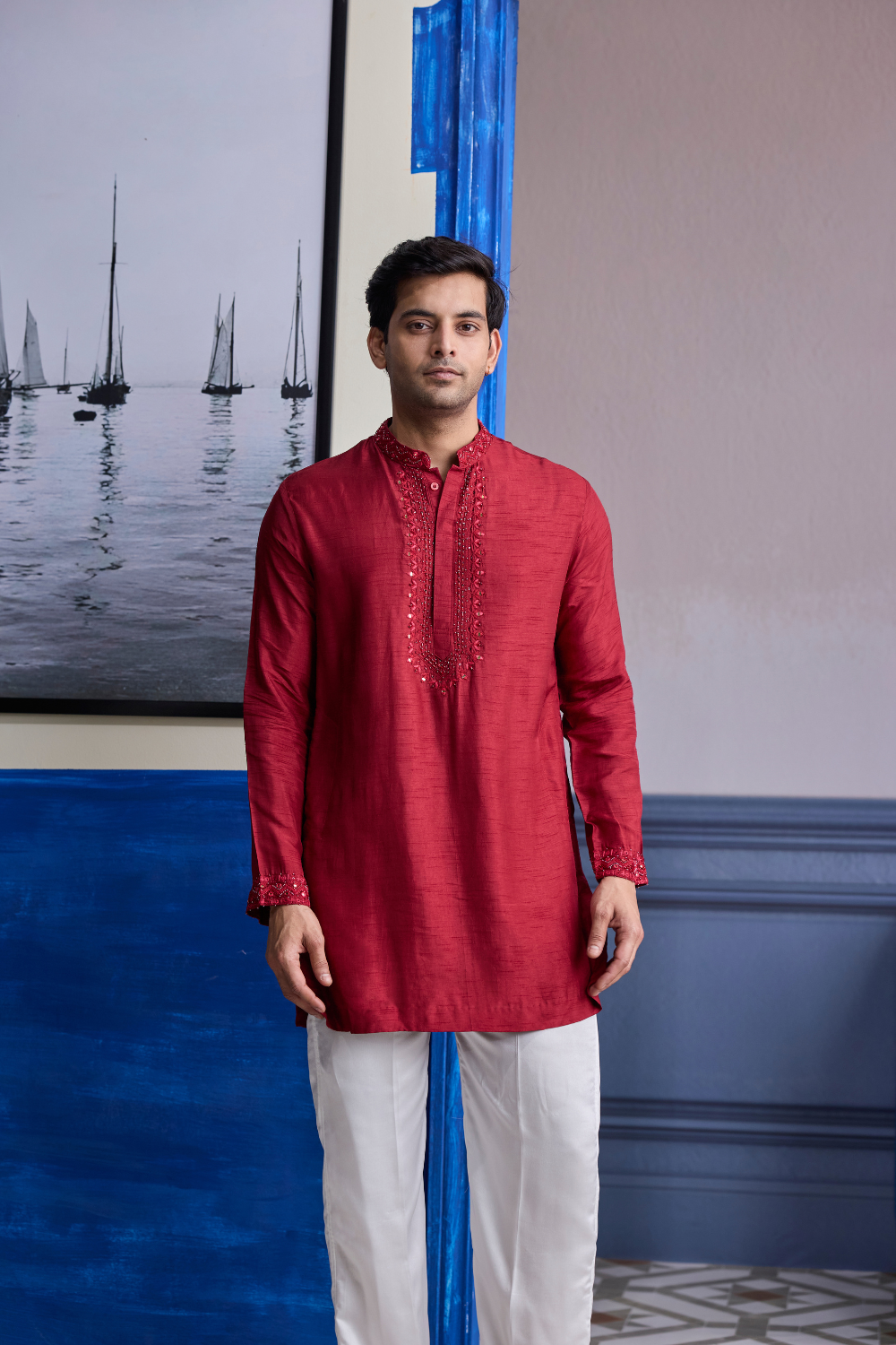 Maroon Mirror Embroidered & Thread Work Kurta with Pants