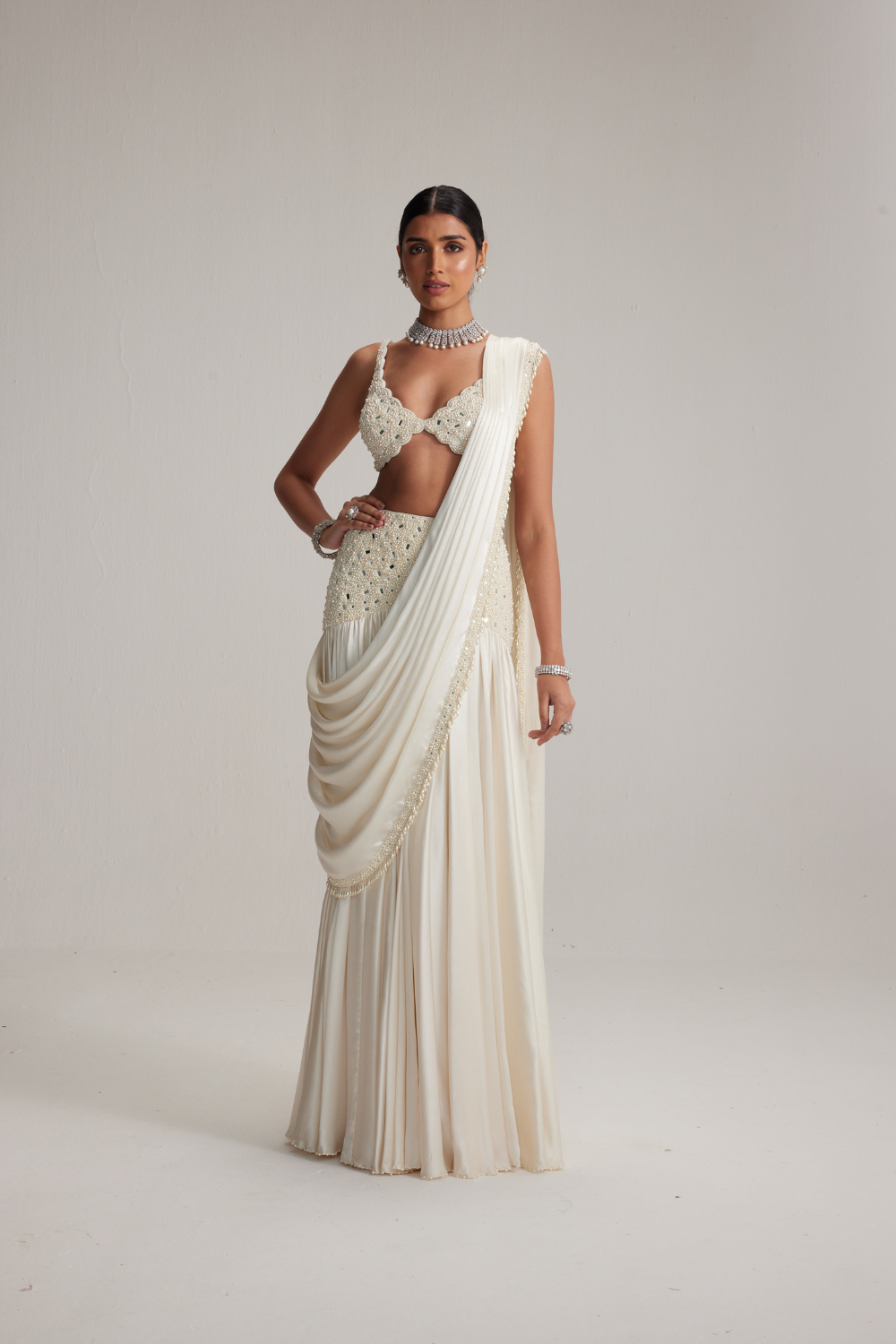 Off White Pearl and Mirror Embroidered satin draped saree set