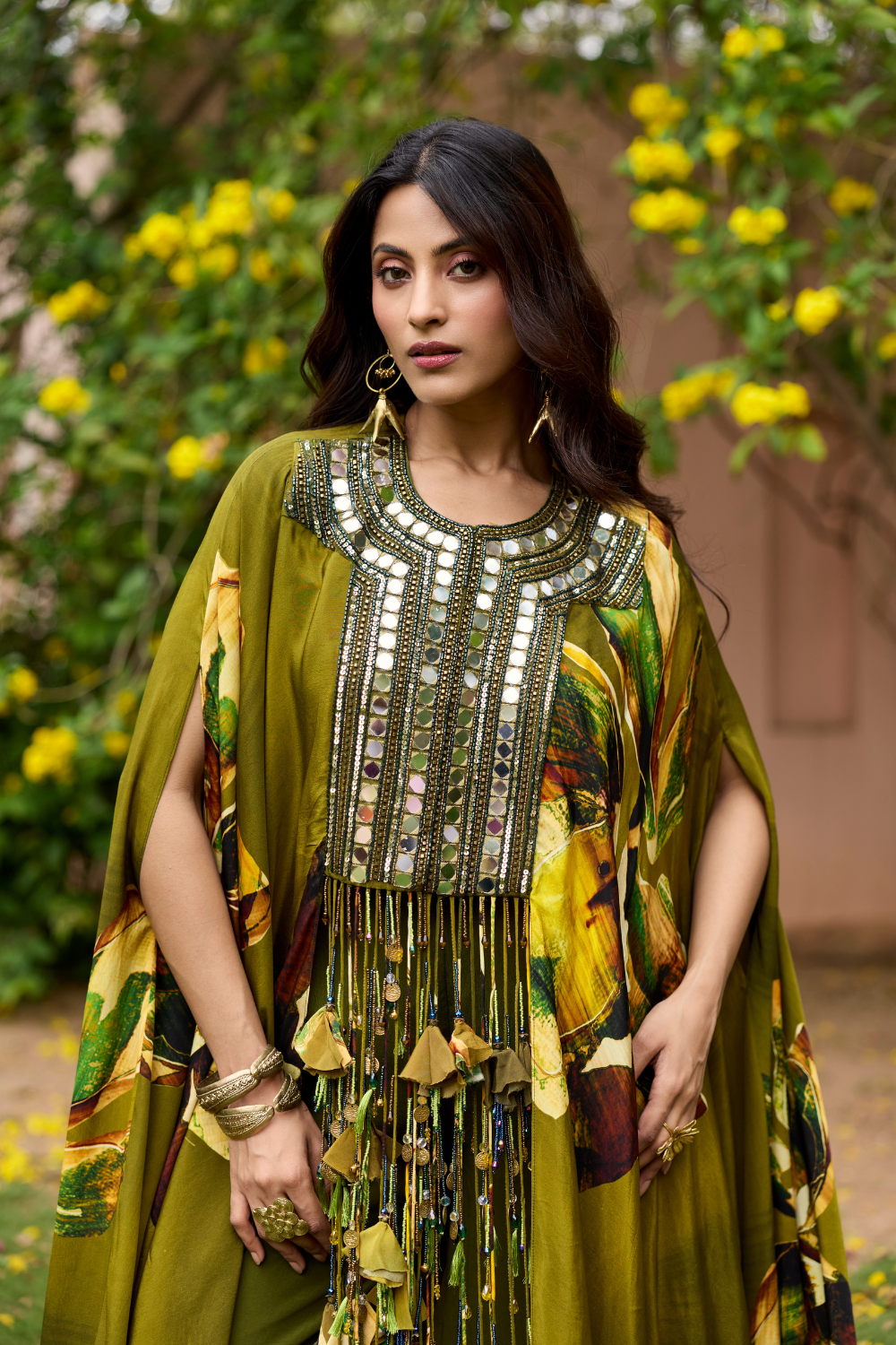 MATCHA GREEN FLORAL EMBROIDERED YOKE KAFTAN SET