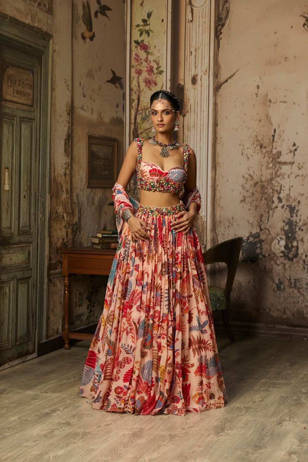 BLUSH PINK STONE EMBROIDERED BLOUSE WITH PRINTED LEHENGA SET