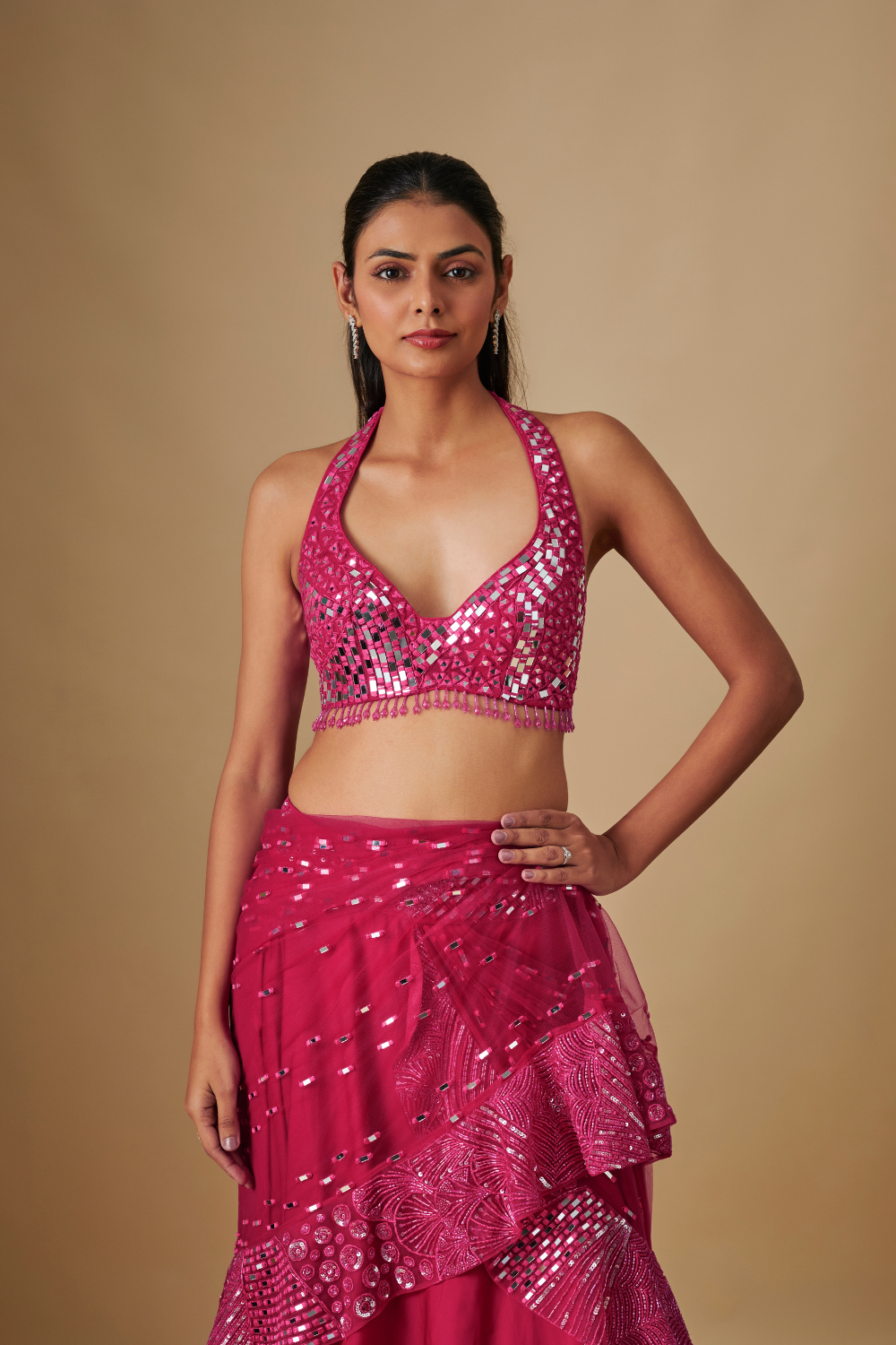 Pluvia- Fuchia Drape saree Tulle Blouse Border Pallu