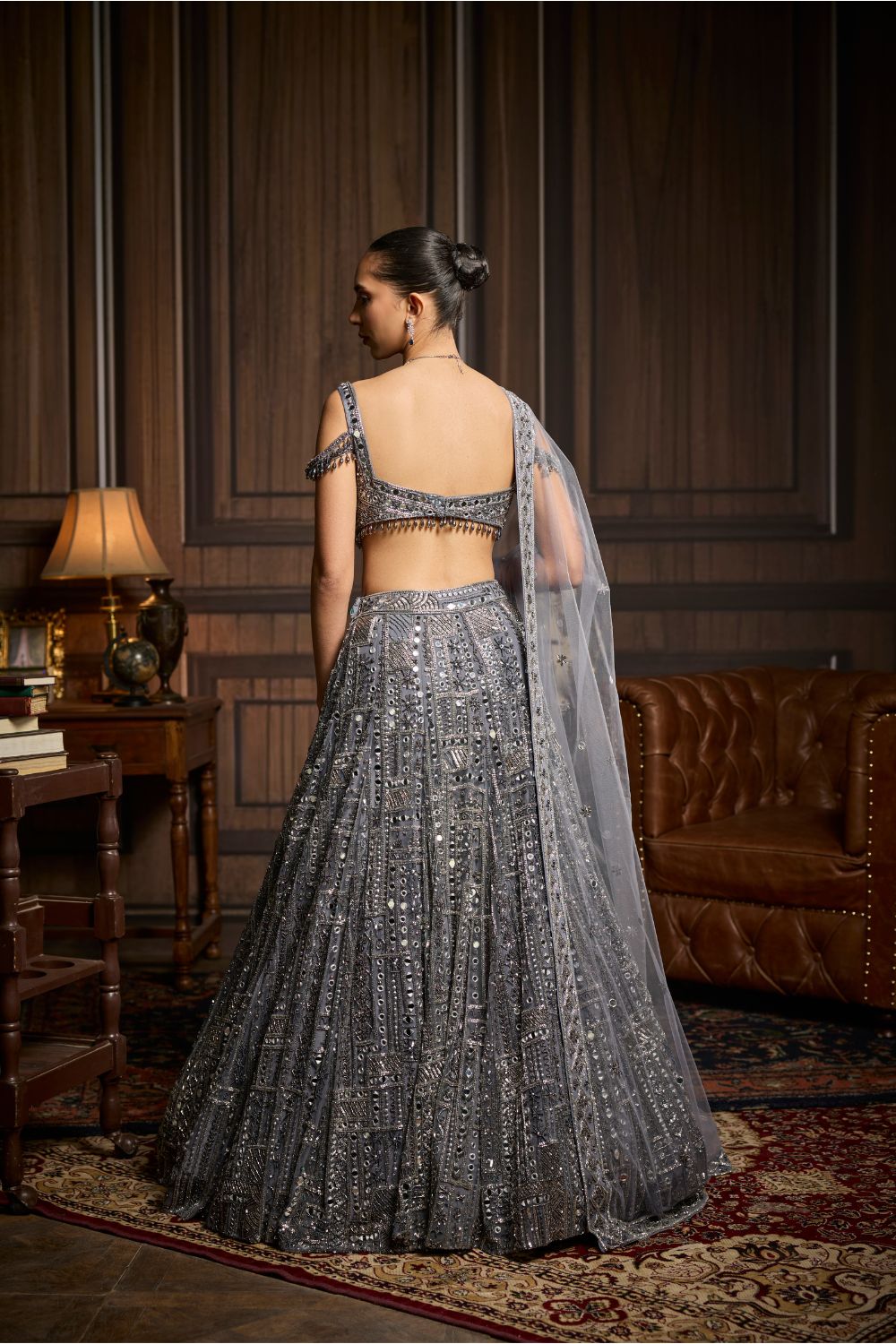 GUNMETAL EMBELLISHED MIRRORWORK LEHENGA SET