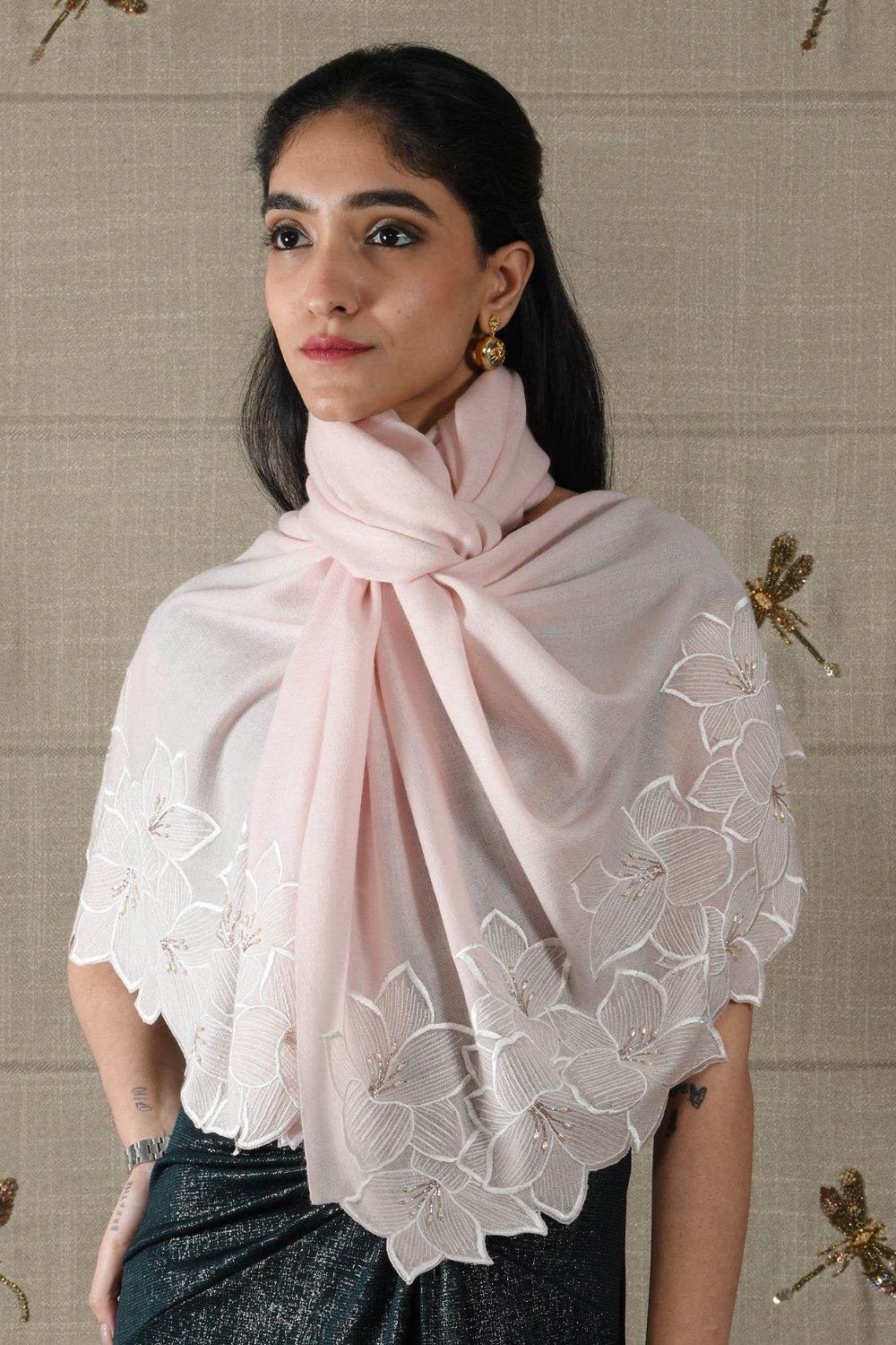 Midnight Bloom | Embroidered Wool Silk Stole – Pearl
