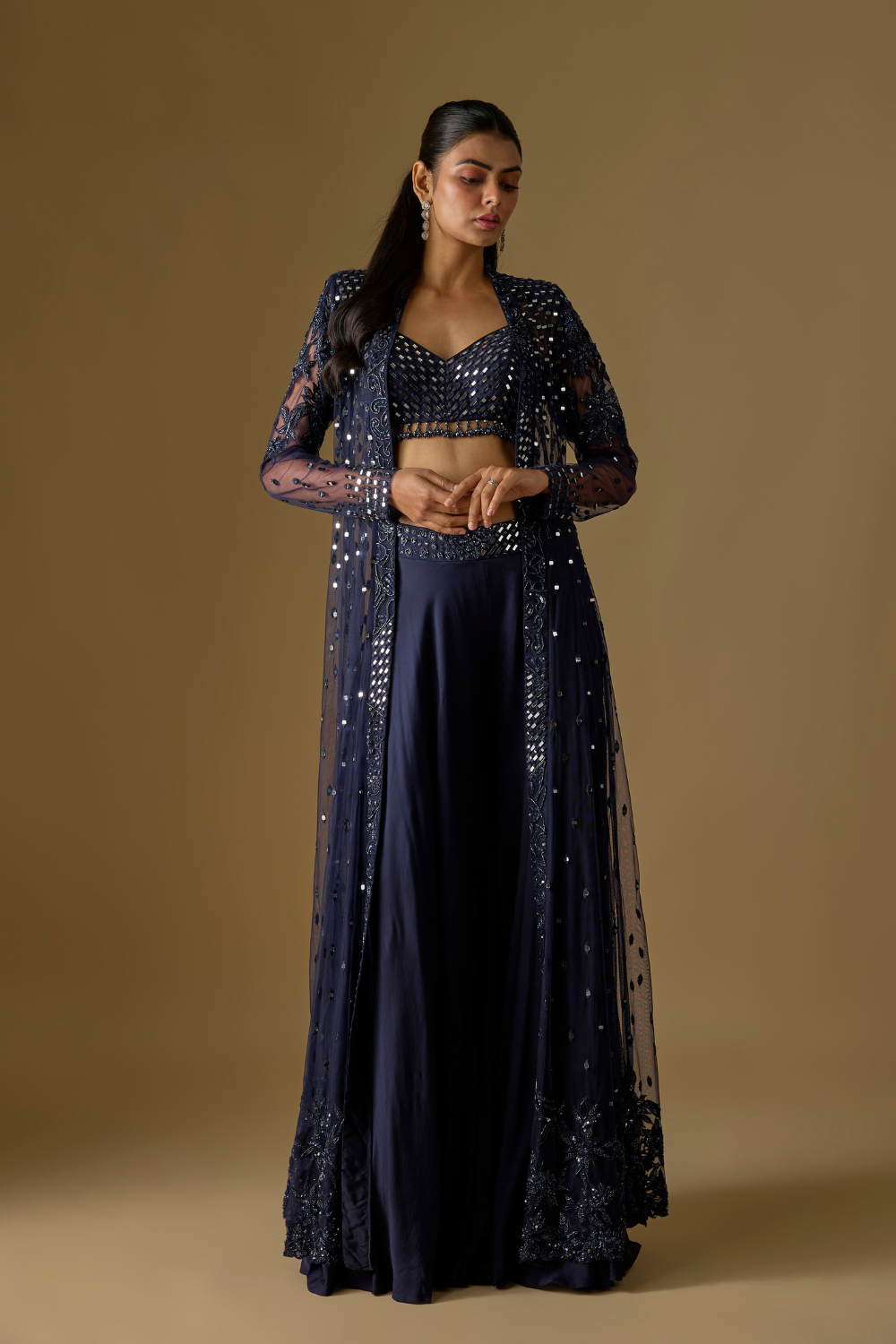 Brook- Navy Blue Long Jacket with Sharara and Mirror-Work Blouse
