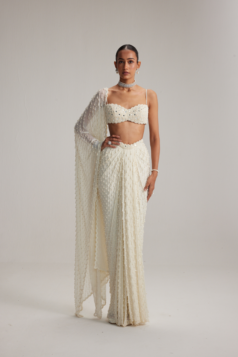 Off White Dense Drop Draped Skirt set