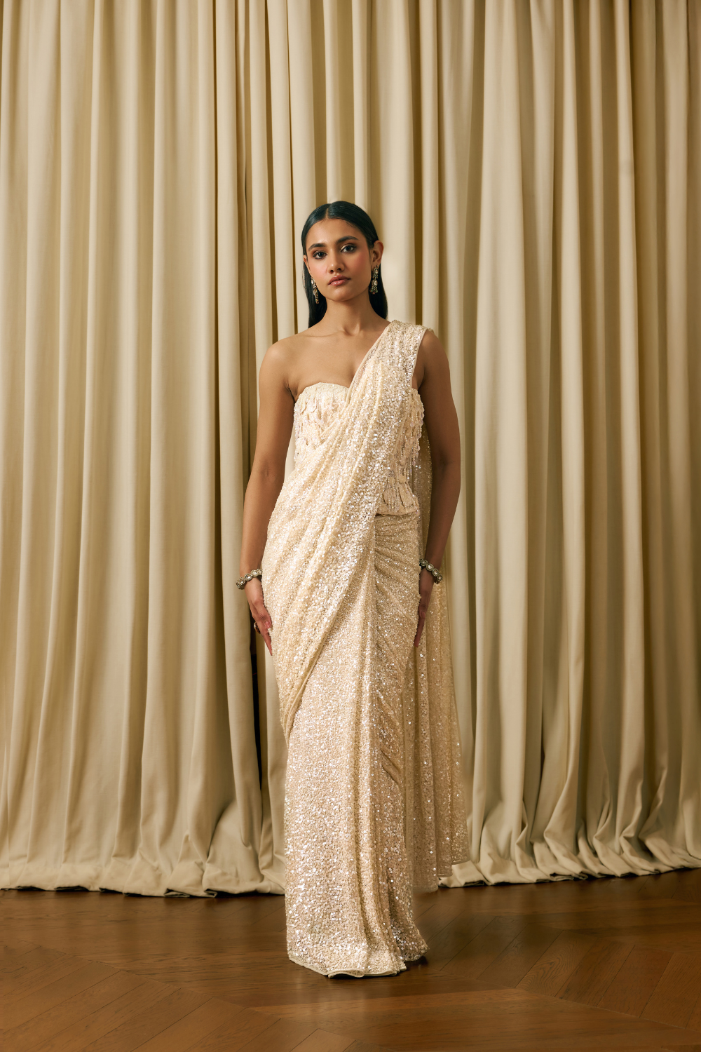 Sequin saree with 3D flower corset