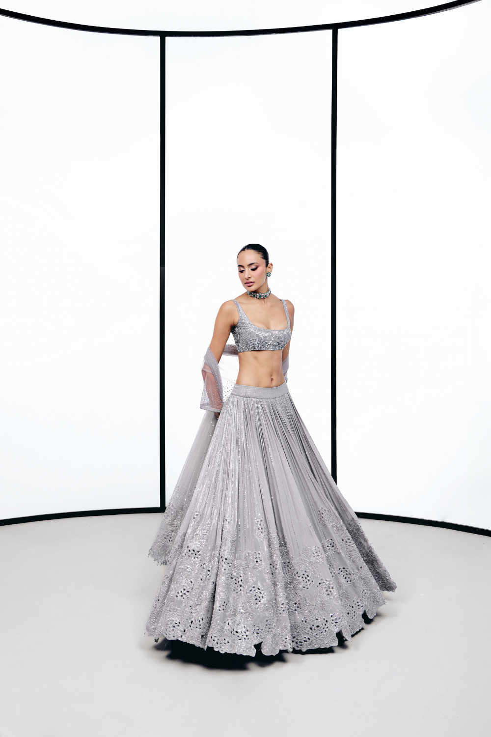 Grey floral cutwork lehnga set