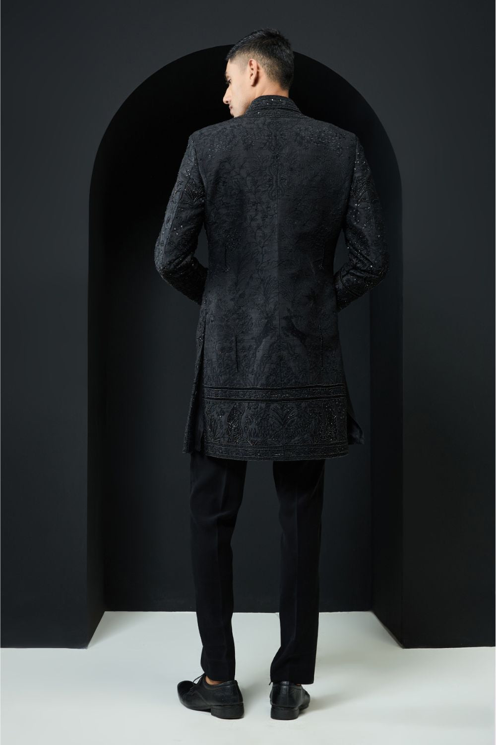 Black open indo Western highlighting with pearls, sequins and thread work