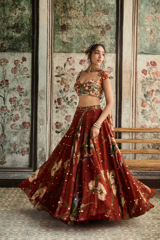 RUST FLORAL PRINT AND HIGHLIGHTED LEHENGA SET