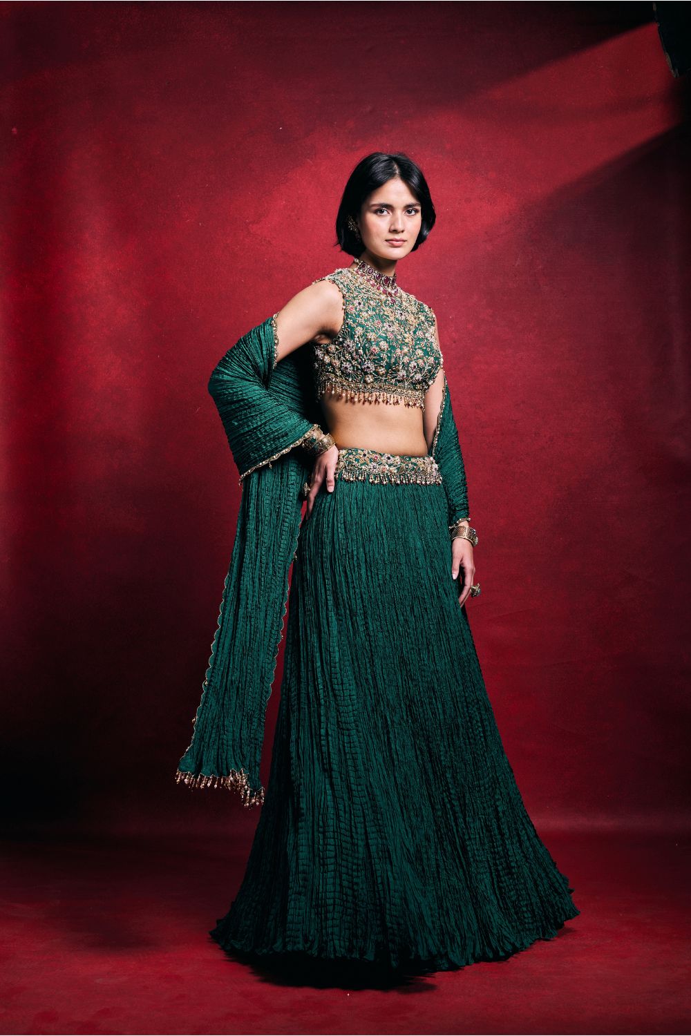 EMERALD GREEN CRUSHED LEHENGA SET