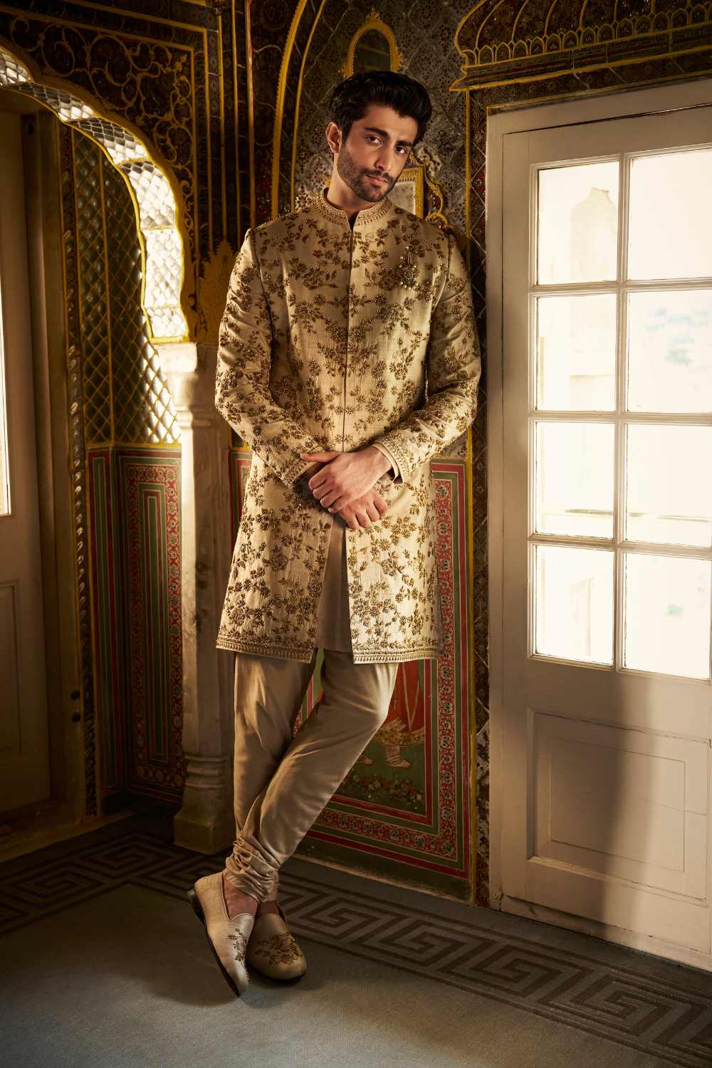 Beige Zardosi Short Sherwani Set