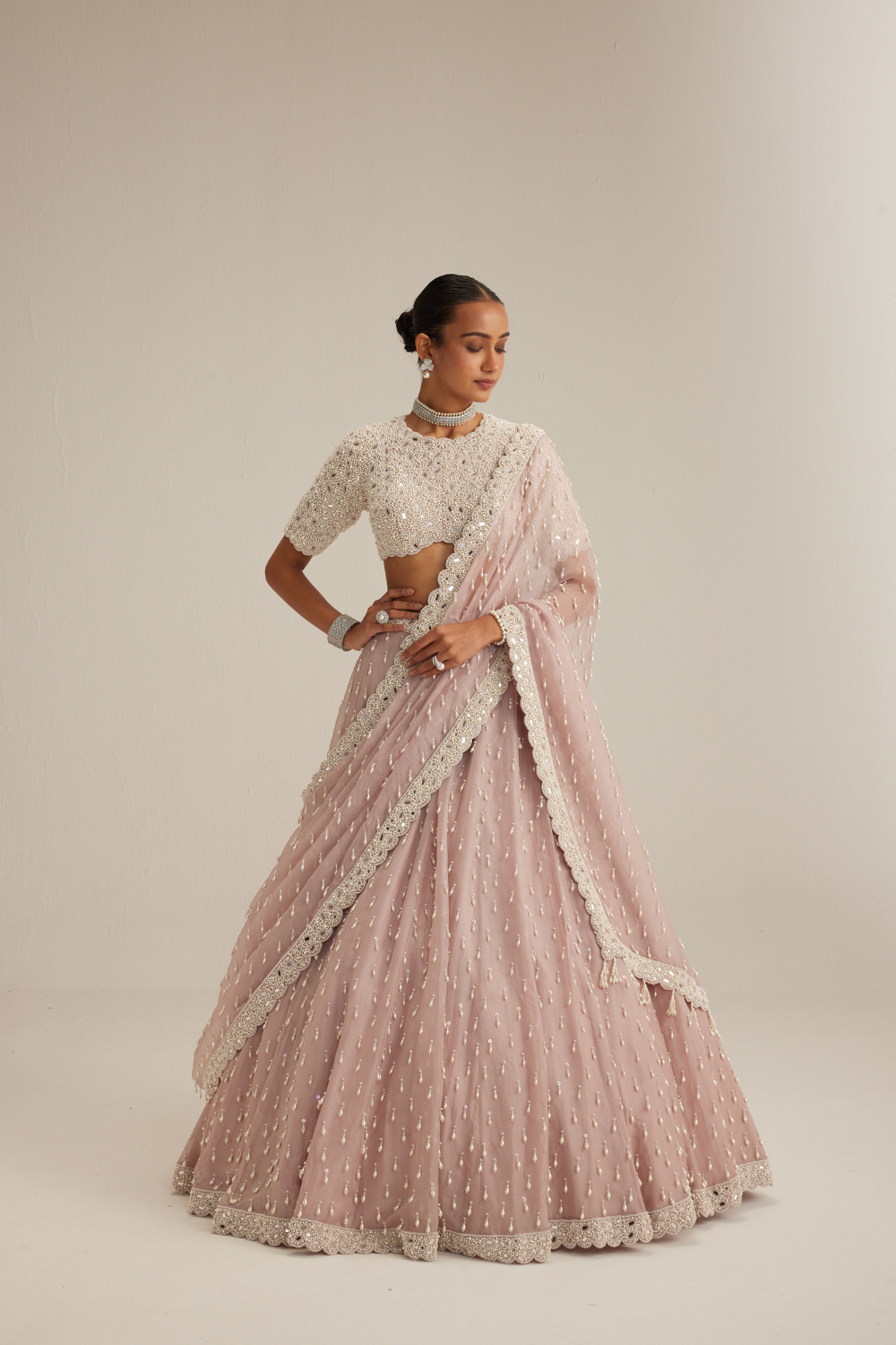 Ash Pink Pearl Drop Lehenga with high neck blouse