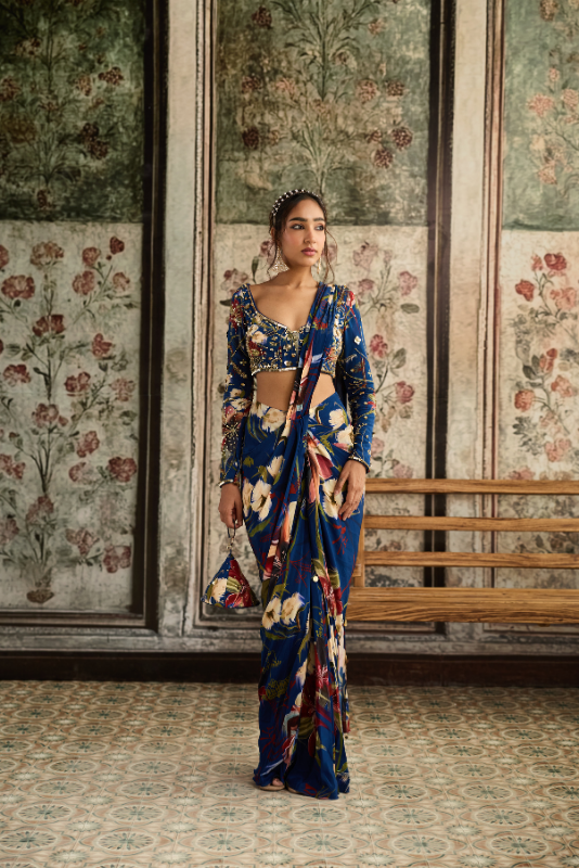 BLUE FLORAL PRINTED SKIRT SAREE SET