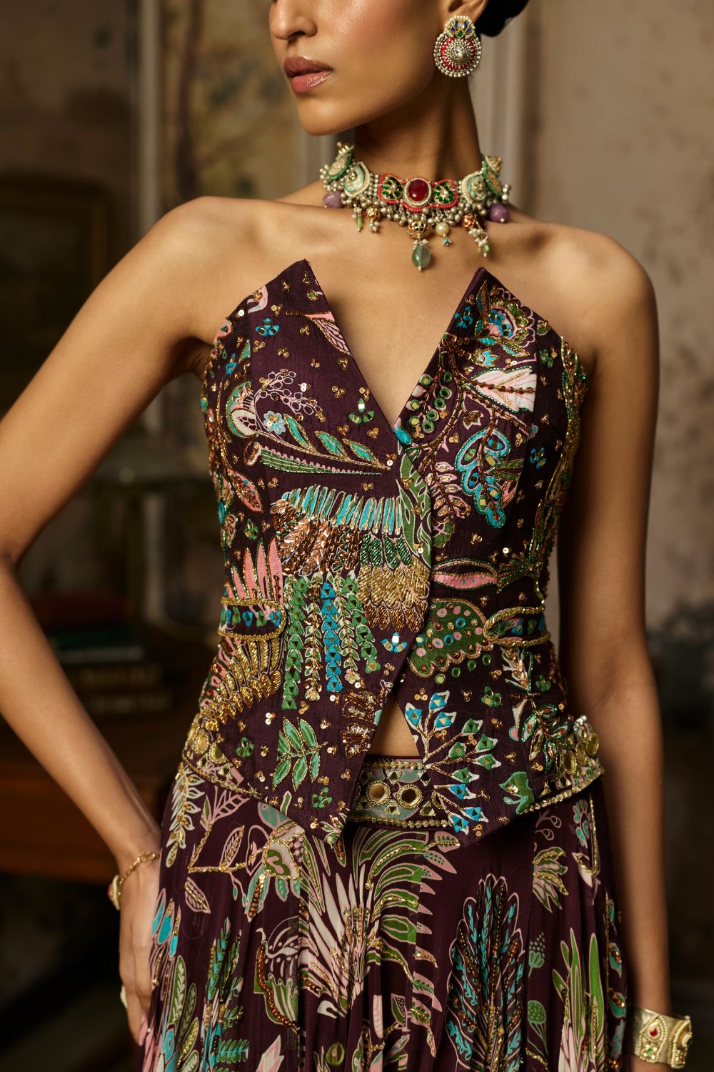 PLUM PRINTED AND HIGHLIGHTED CORSET LEHENGA SET