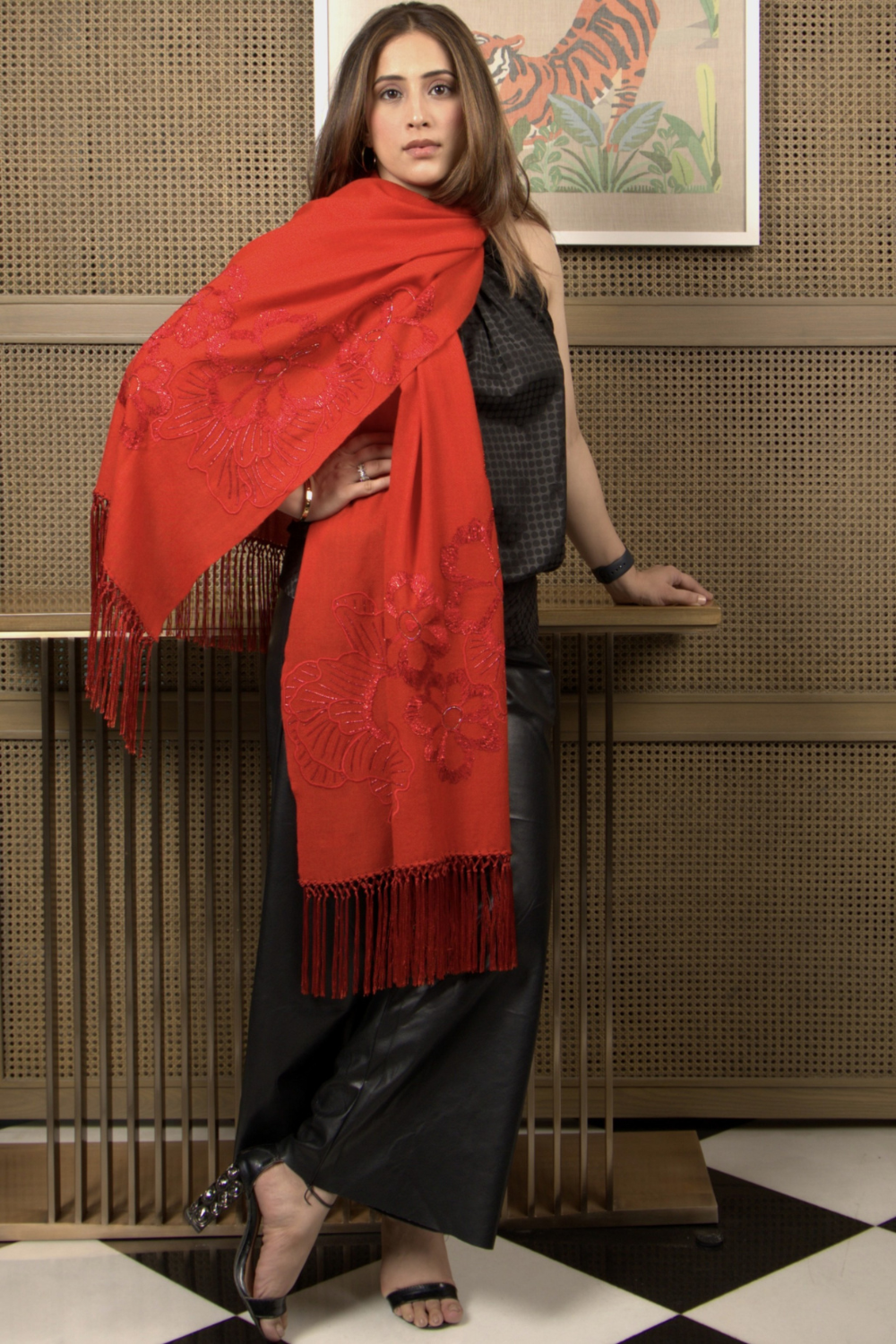 Shimmy Shimmer | Embroidered Wool Silk Stole – Red