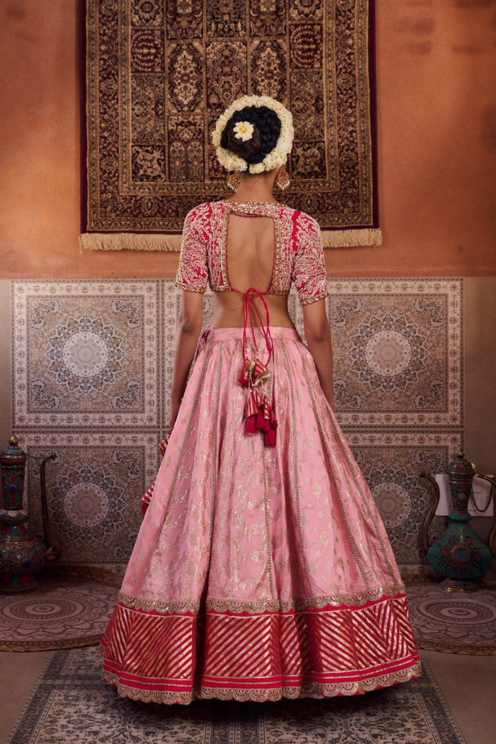 Blush pink and Fuchsia upada silk blouse, banarsi silk lehenga and dupatta